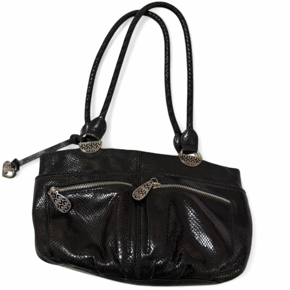 BRIGHTON-Black Leather Snake-Embossed Shoulder Satchel – Silver Heart Hardware
